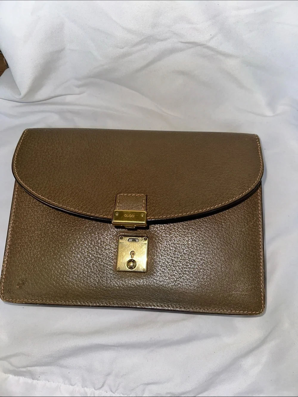 Gucci Brown Leather Clutch with Gold Lock and wristband and key